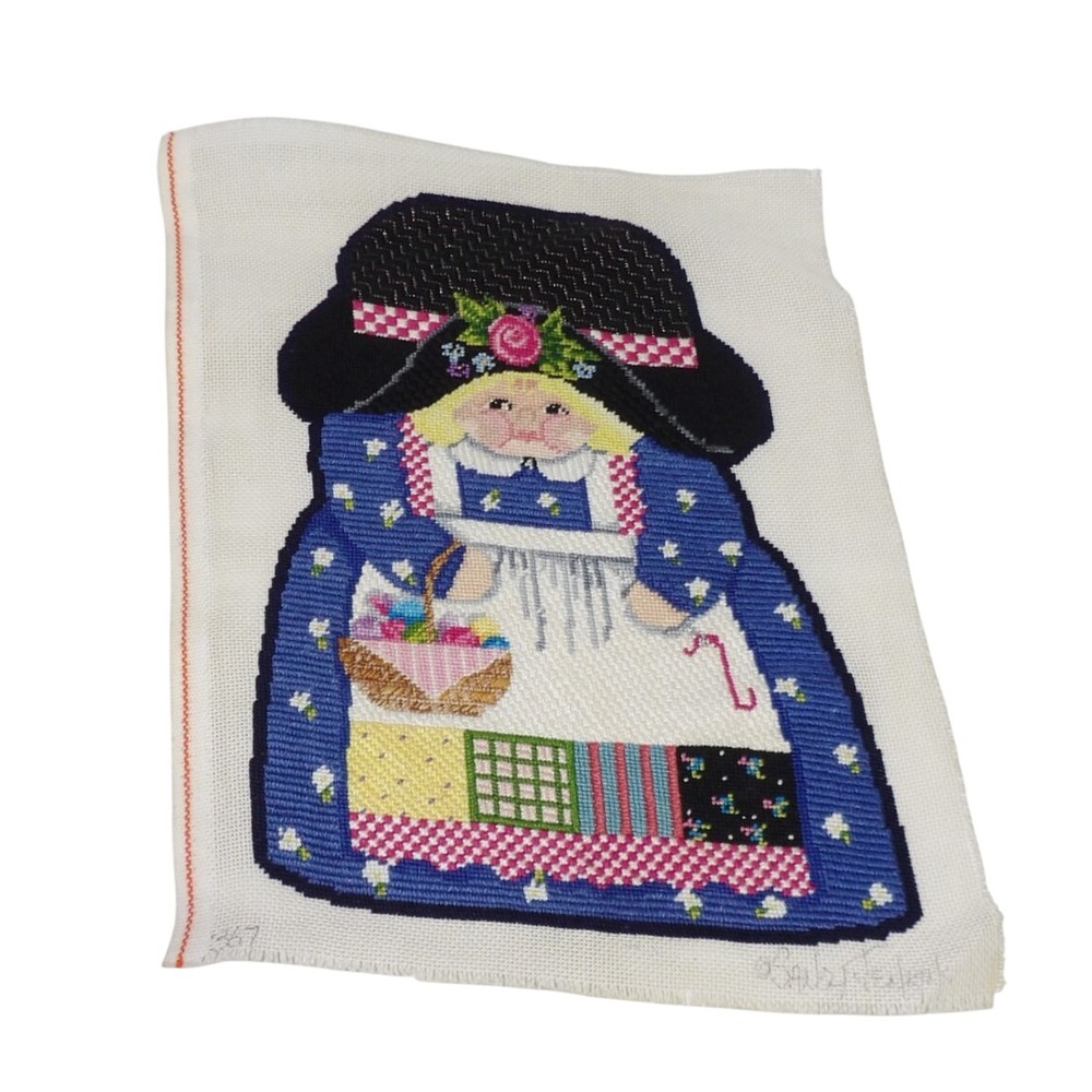 Barbara Baatz Folk Art Girl Needlepoint Finished Canvas  Blue Dress Rose
